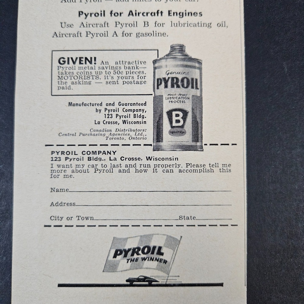 1952 Pyroil Company Speed Boat World Record Vintage Print Ad La Crosse WI Shop
